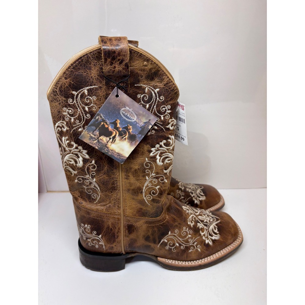 Old West Youth Burnt Tan Leather Embroidered Cowboy Boots BSY1958 Size 4.5
